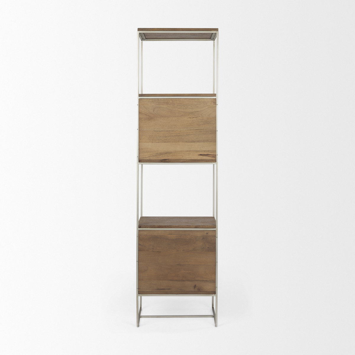 Morris II 19.75 x 15 x 72.5 Brown Wood and Silver Metal Frame 4 Shelf Shelving Unit, Shelving & Bookcase by Mercana, 19.75" length x 15" width x 72.5" height View 6