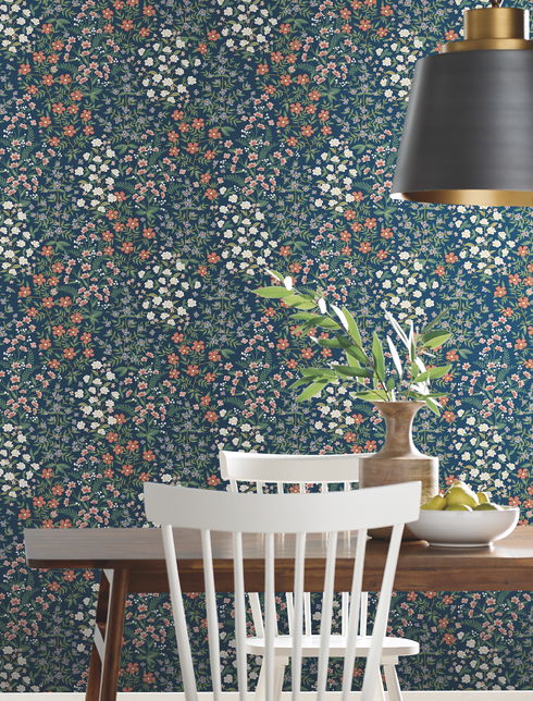 Wildwood Garden Blue & Red Wallpaper