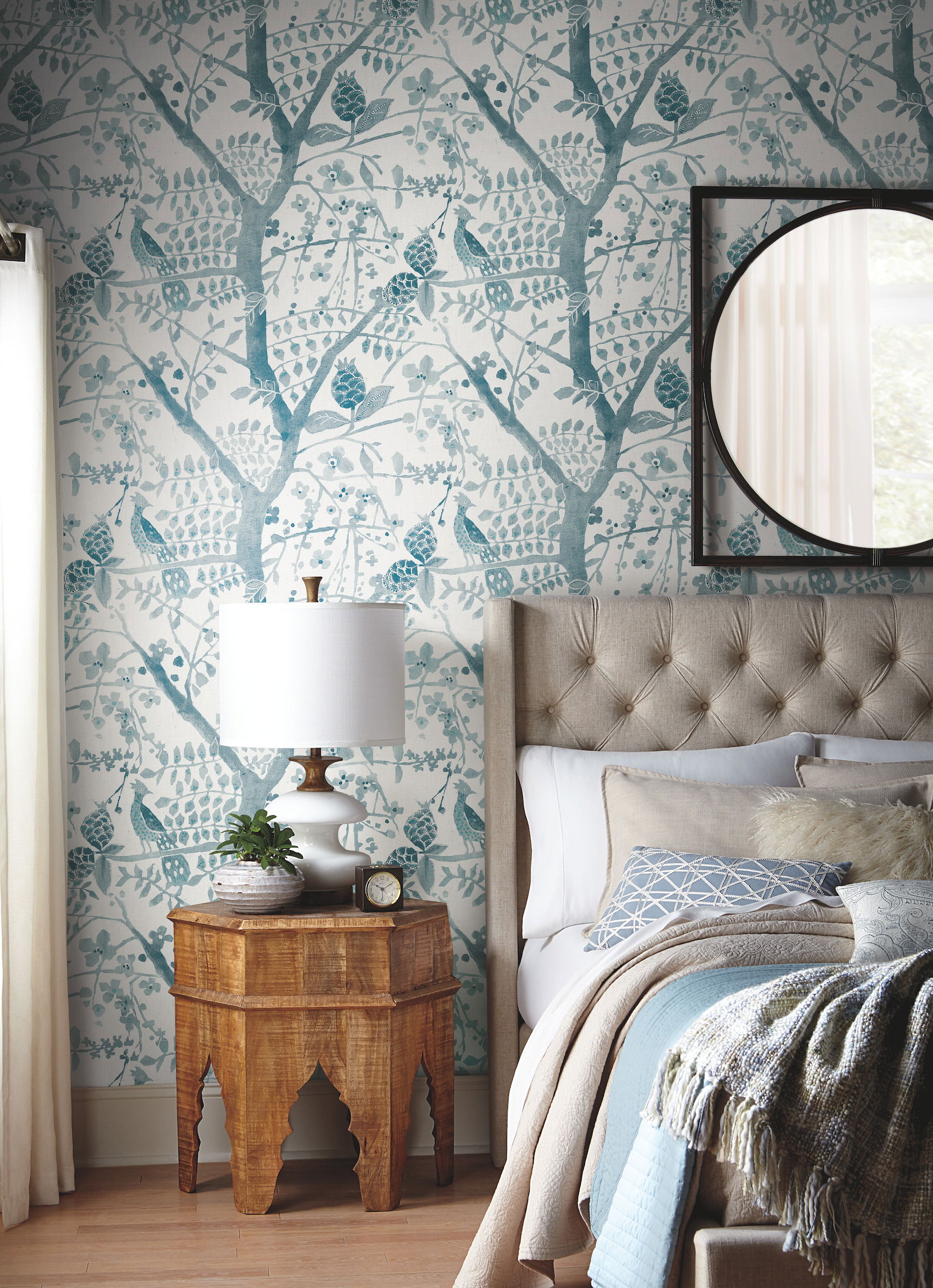 Peacock Block Print Teal Wallpaper large image 