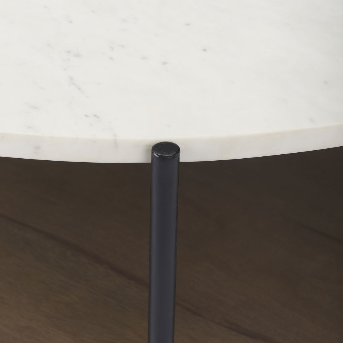 Larkin 42' Round Two-Tier White Marble Top and Solid Wood Shelf with Black Metal Frame Coffee Table, by Mercana, 43.5" length x 43.5" width x 16" height View 5