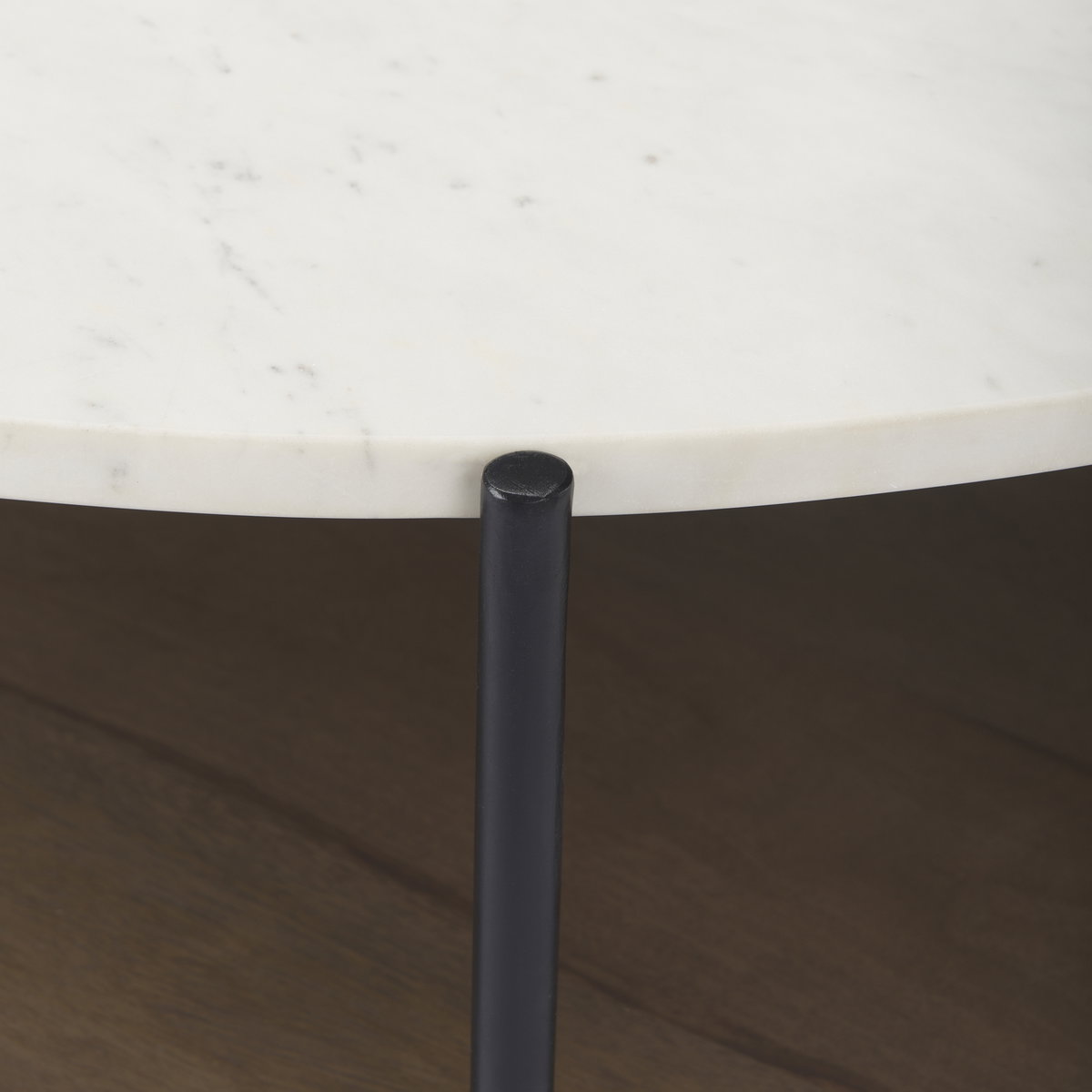 Larkin 42' Round Two-Tier White Marble Top and Solid Wood Shelf with Black Metal Frame Coffee Table, by Mercana, 43.5" length x 43.5" width x 16" height View 5