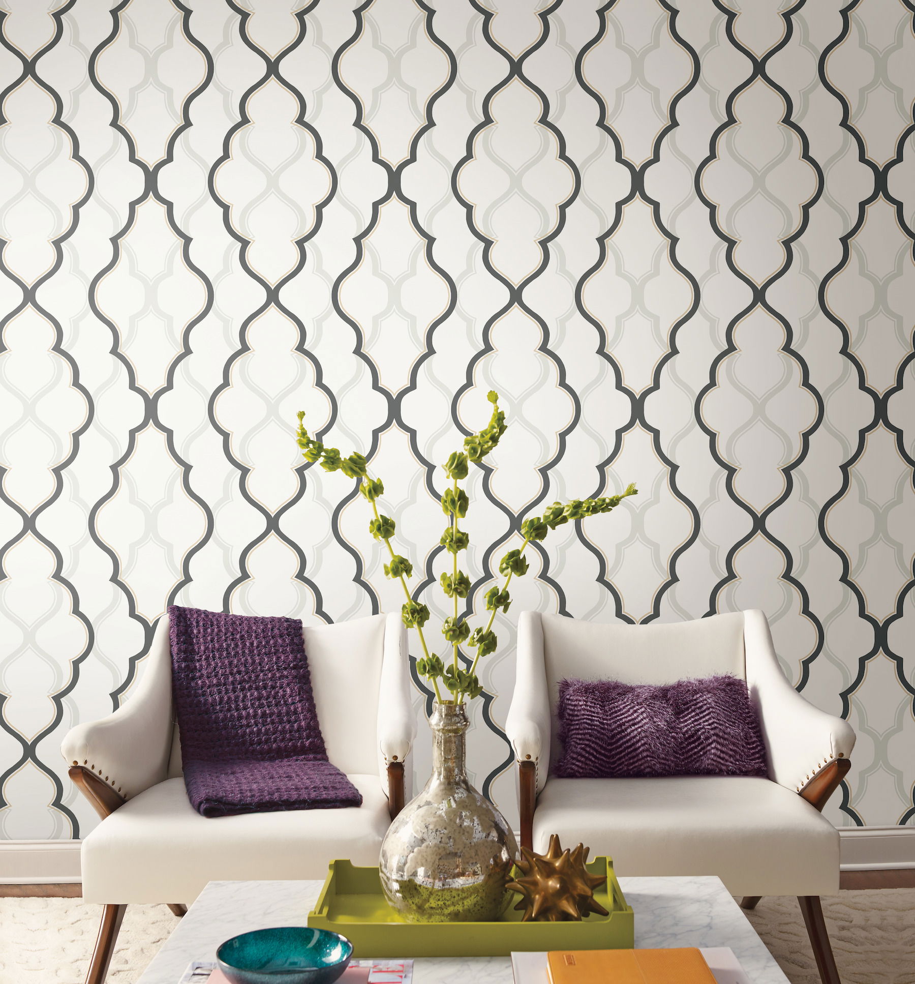 Double Damask White & Black Wallpaper, by York Wall, 27' length x 2'3" width x 0.02" depth View 2