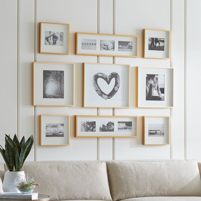 Online Designer Combined Living/Dining Brushed Brass Picture Frame Gallery, Set of 9