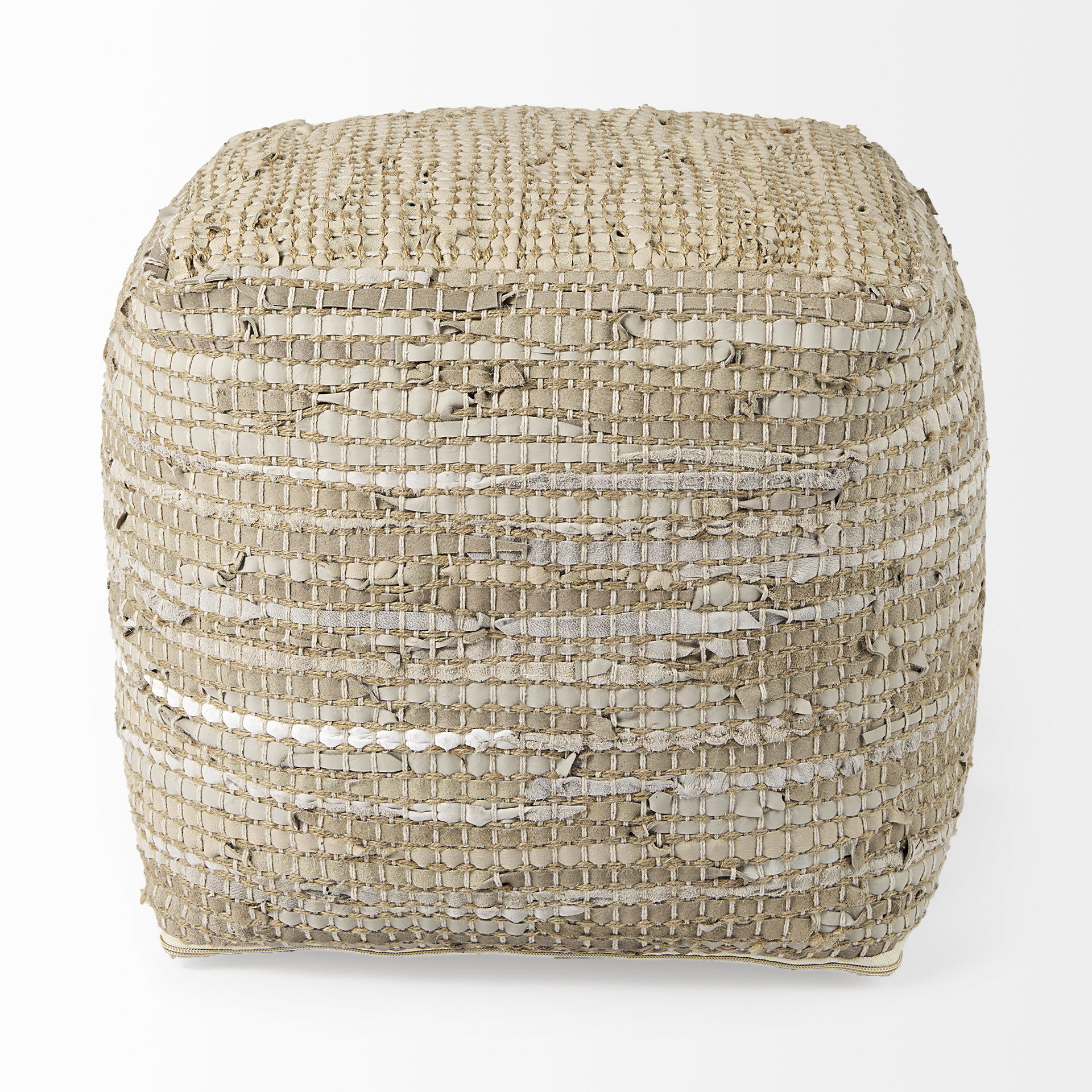 Aalia  Beige Leather and Jute Pouf, Ottoman by Mercana, 16" length x 16" width x 16" height View 4