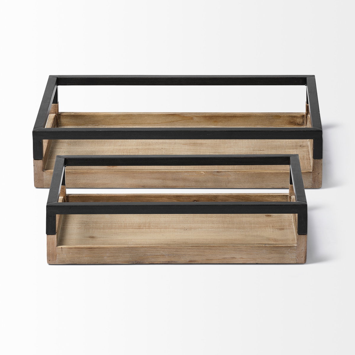 Ross Set of 2 Natural Wood with Black Metal Nesting Trays, Decorative Tray by Mercana, 18.9" length x 11.81" width x 4.25" height View 7