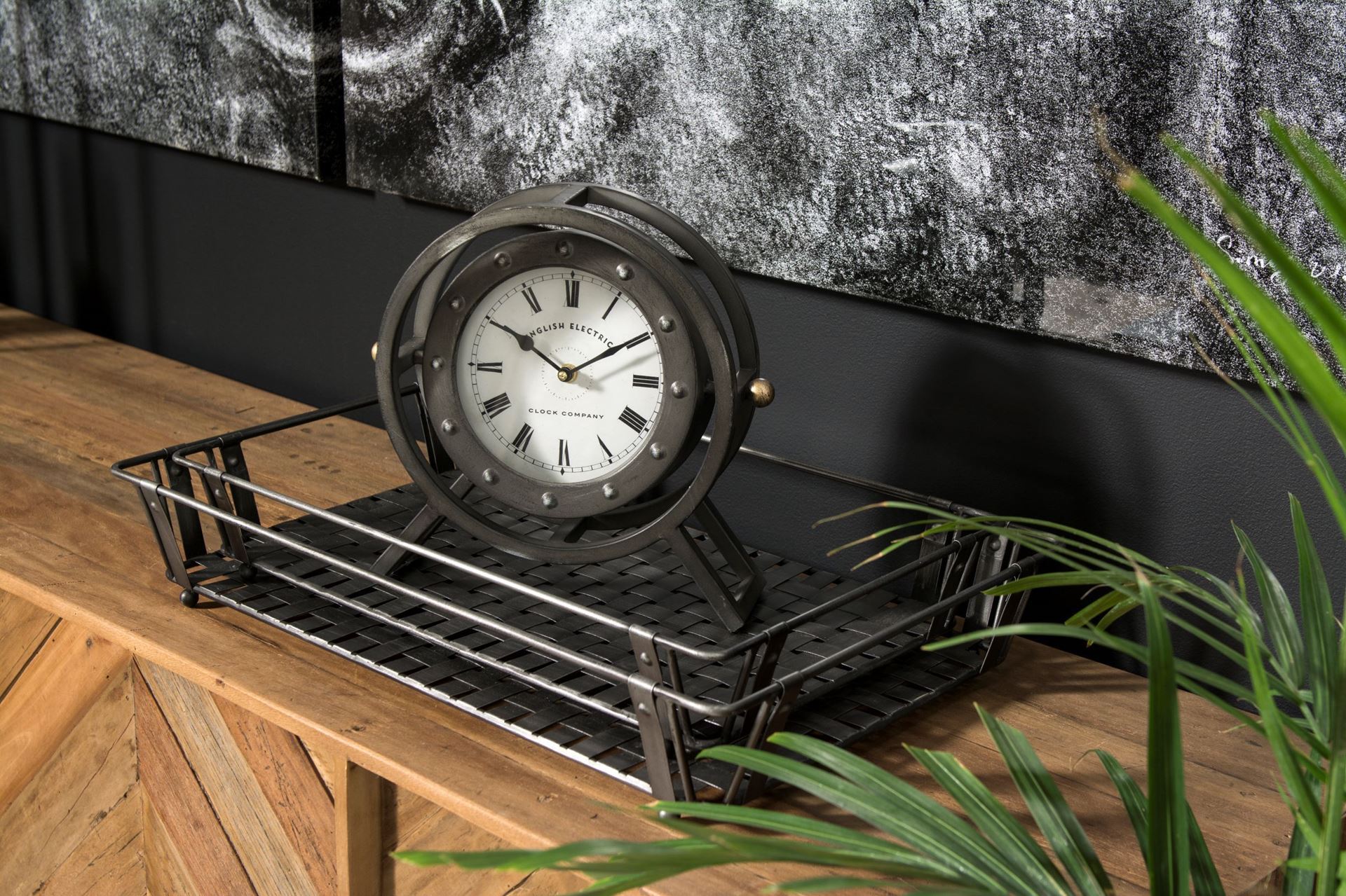 Gaston Gray Metal Circular Table Clock, by Mercana, 11.81" length x 3.15" width x 11.42" height View 3