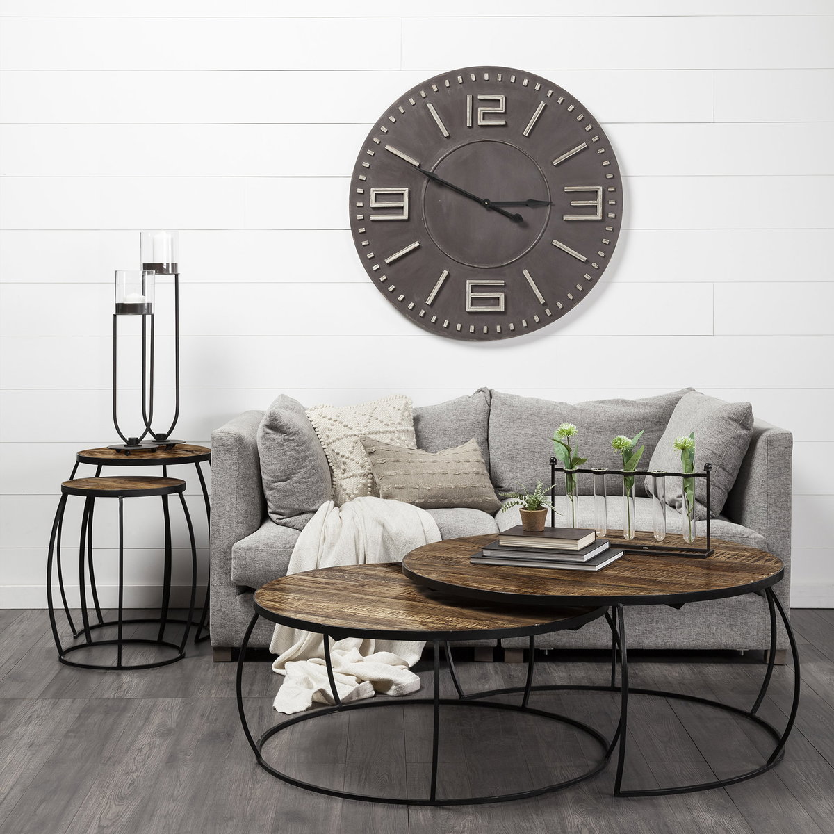 Clapp I Set of 2 (41' & 38') Round Brown Wood Top Black Iron Base Nesting Coffee Tables, by Mercana, 44" length x 44" width x 20" height View 2