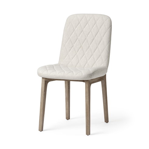 David Solid Back Dining Side Chair | Tuffed Cream Fabric with Brown Wood
