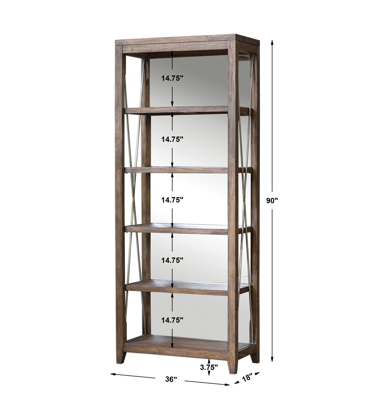 Delancey Weathered Oak Etagere, Furniture by Uttermost, 36" width x 90" height x 18" depth View 3