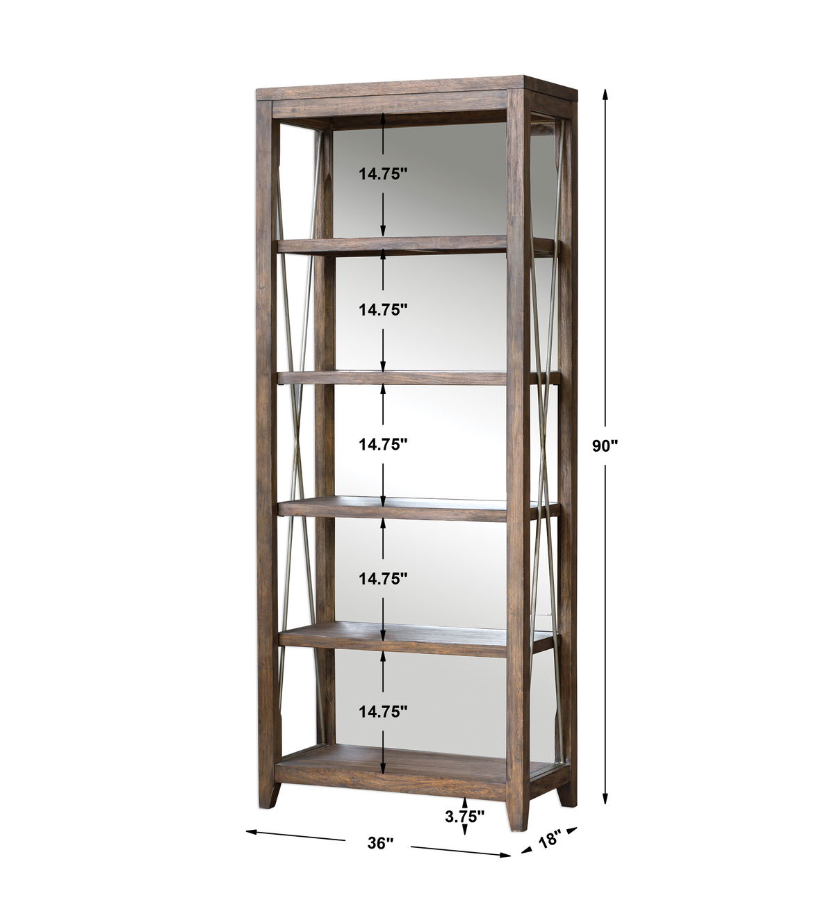 Delancey Weathered Oak Etagere, Shelving & Bookcase by Uttermost, 36" width x 90" height x 18" depth View 3
