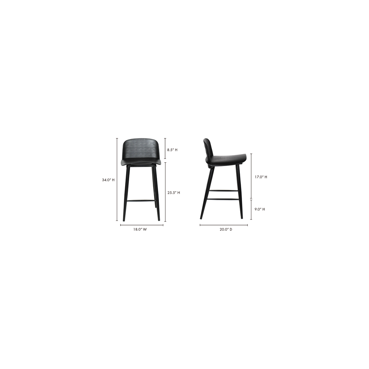 Looey Counter Stool Black - Set Of Two, Counter & Bar Stool by Moe's Home, 18" width x 34" height x 20" depth View 10