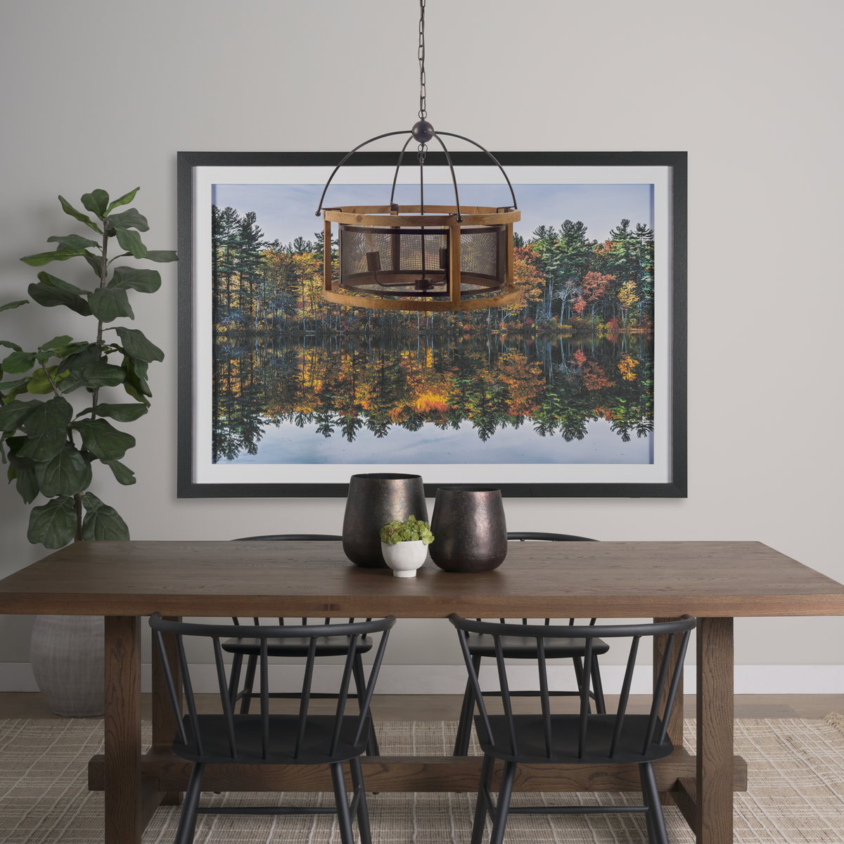 Penhill (25'x24') Black and Wooden Three Bulb Chandelier, by Mercana, 25" length x 25" width x 24" height View 2