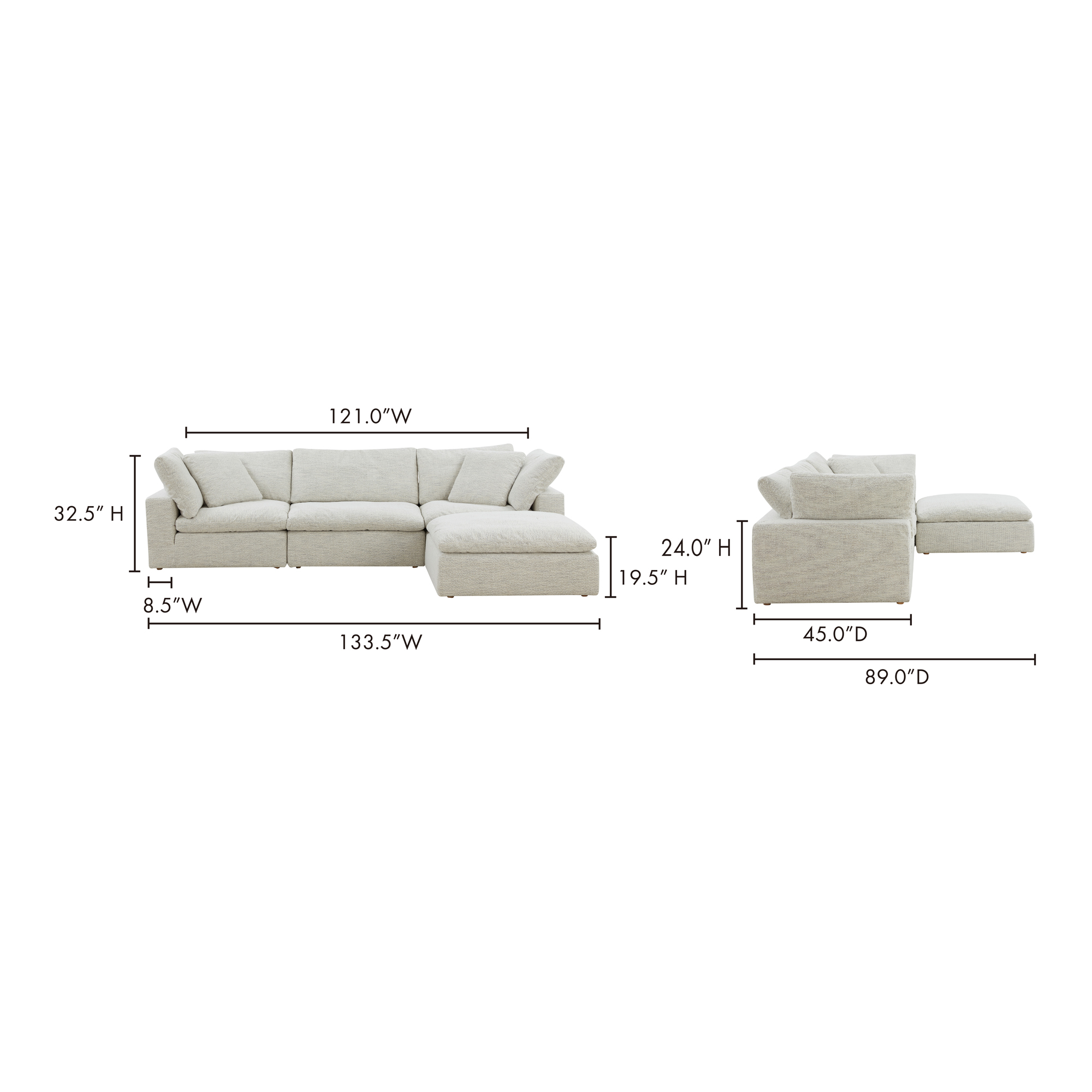 Clay Lounge Modular Sectional Coastside Sand, Sectional Sofa by Moe's Home, 133.5" width x 32" height x 89" depth View 7