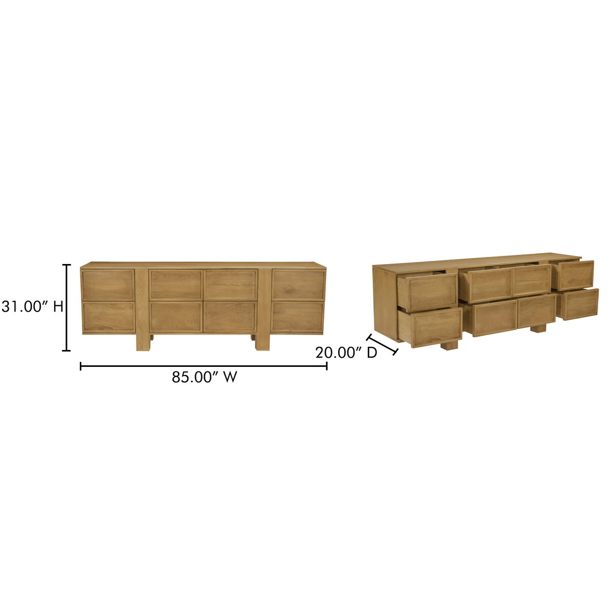 Henley 8 Drawer Dresser Brown, by Moe's Home, 85" width x 31" height x 20" depth View 8