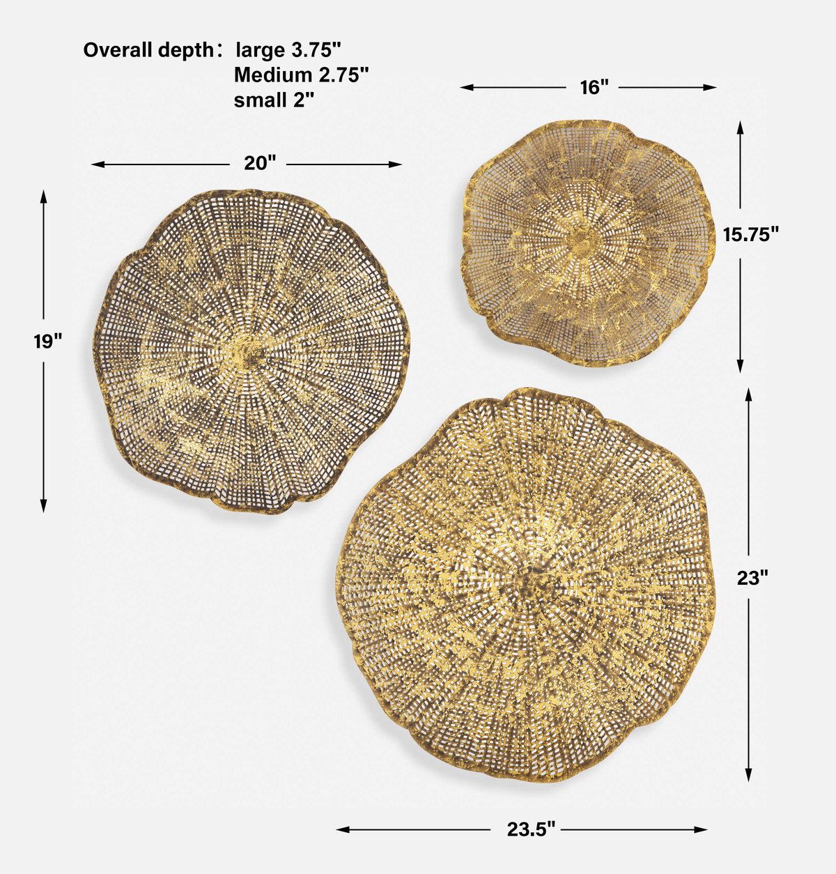 Radiance Gold Metal Wall Decor Set/3, Sculptural Wall Art by Uttermost, 23.5" width x 23" height x 3.75" depth View 3