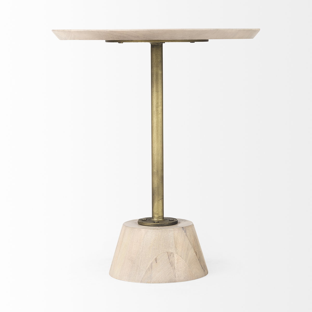 Maxwell 20' Round Light Brown Wood with Gold Metal Pedestal Side Table, Side & End Table by Mercana, 20" length x 20" width x 24" height View 5