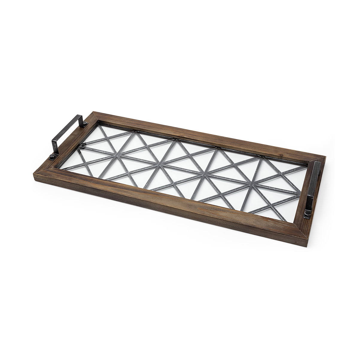 Ellingson 28L x 13W Black Rectangular Metal Glass Wood Bottom Tray, Decorative Tray by Mercana, 28" length x 12.99" width x 2.76" height View 1
