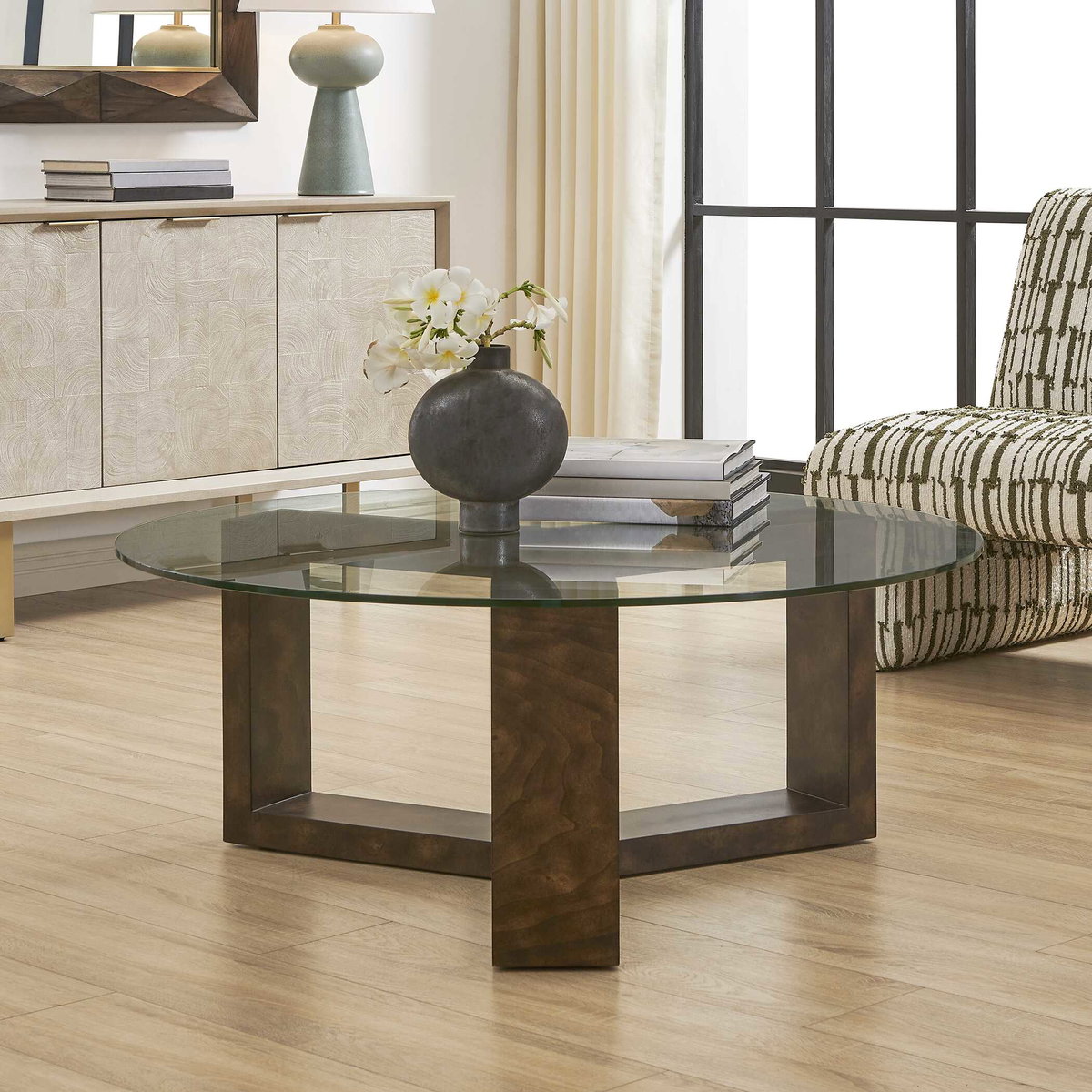 Ignis Round Glass Coffee Table, by Uttermost, 42" width x 16.5" height x 42" depth View 3