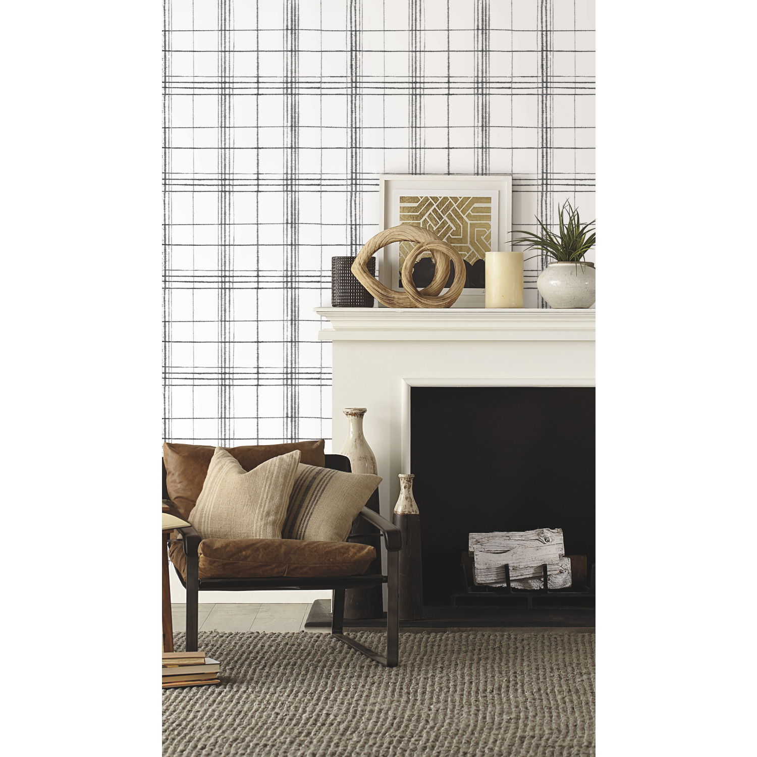 Farmhouse Plaid Black & White Wallpaper large image 