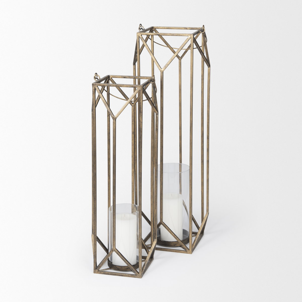 Ivy Small Gold Metal Geometric Cage Candle Holder Lantern, Lighting by Mercana, 8.27" length x 8.27" width x 29.72" height View 8