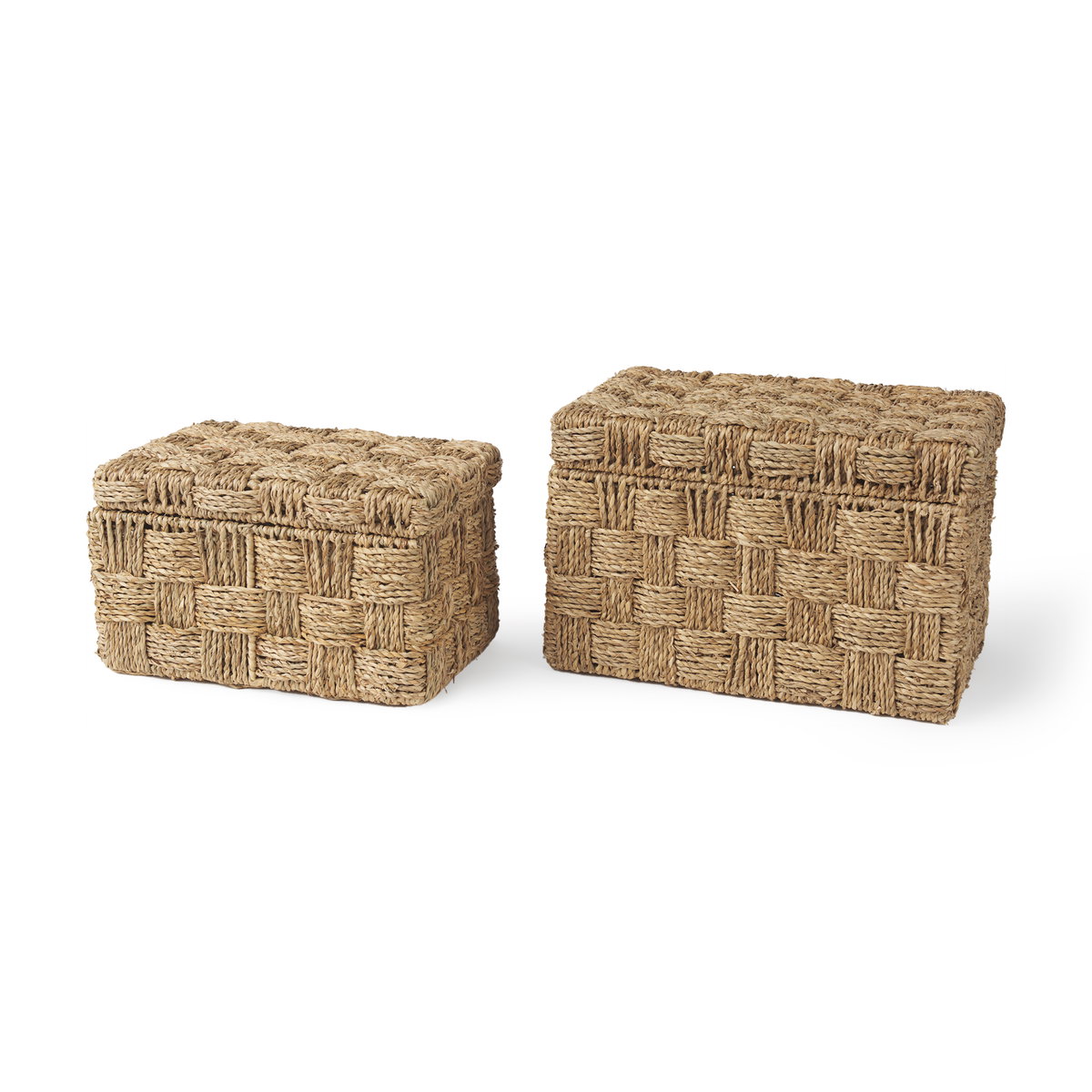 Hanalei Set of 2 Seagrass Boxes with Lids, by Mercana, 11.42" length x 7.48" width x 7.48" height View 1