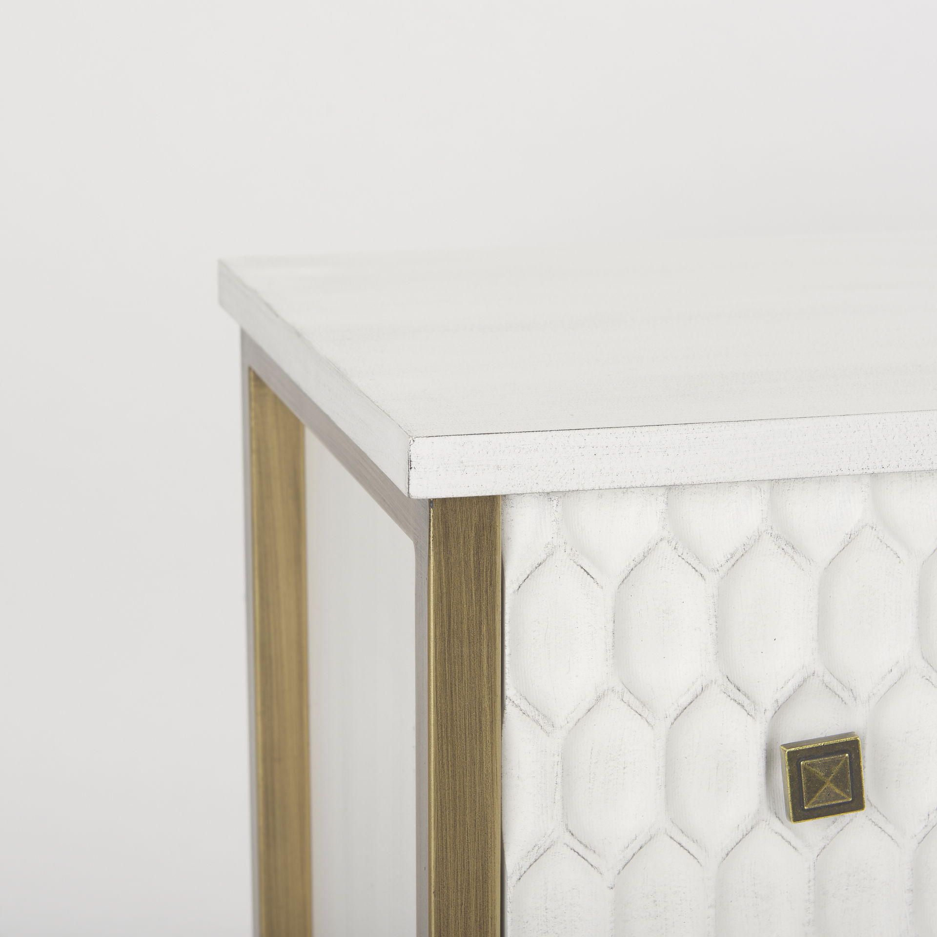 Savannah White Fir Veneer with Gold Metal 3-Drawer Accent Cabinet, Cabinets & Chest by Mercana, 31.89" length x 15.94" width x 31.5" height View 9