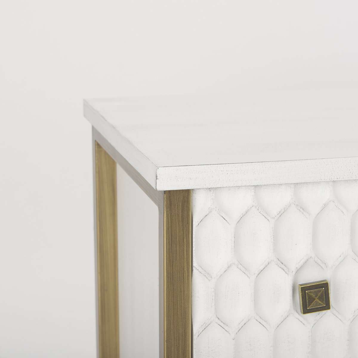 Savannah White Fir Veneer with Gold Metal 3-Drawer Accent Cabinet, Cabinets & Chest by Mercana, 31.89" length x 15.94" width x 31.5" height View 9