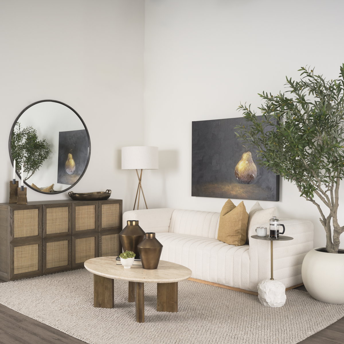 Syona Travertine + Mango Wood leg Oval Coffee table, by Mercana, 44" length x 30" width x 16" height View 2