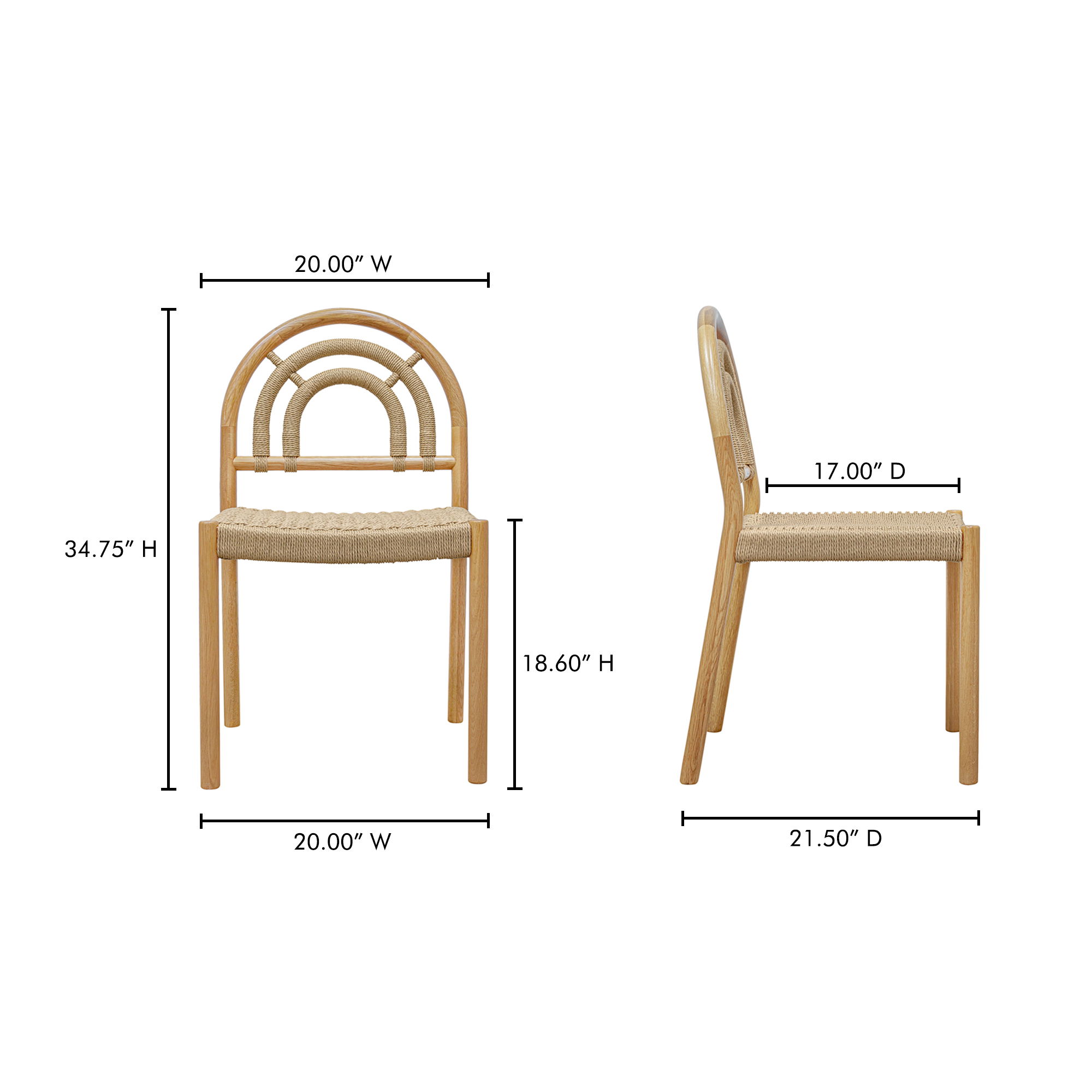 Avery Dining Chair Natural – Set Of Two, by Moe's Home, 20" width x 34.75" height x 21.5" depth View 13