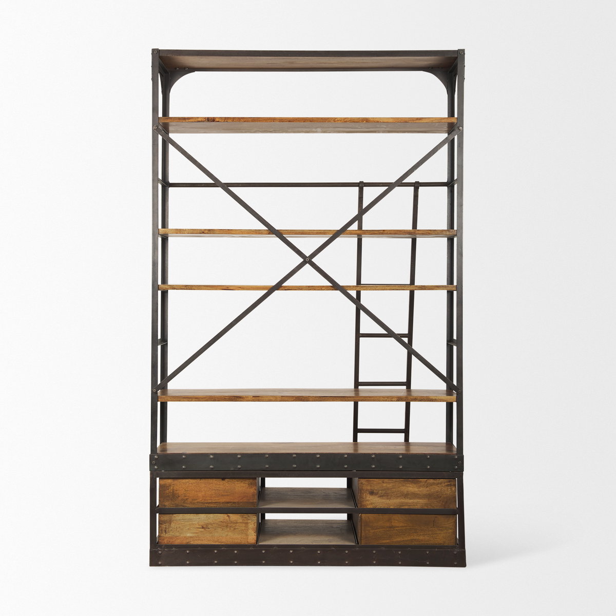 Brodie II Medium Brown Wood Black Ladder Four Shelf Shelving Unit 57L x 20.5W x94H, Shelving & Bookcase by Mercana, 57" length x 19.5" width x 94" height View 5