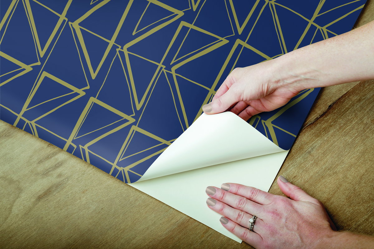 Love Triangles Blue & Gold Metallic Peel & Stick Wallpaper, by York Wall, 20' length x 1'8.5" width x 0.02" depth View 5