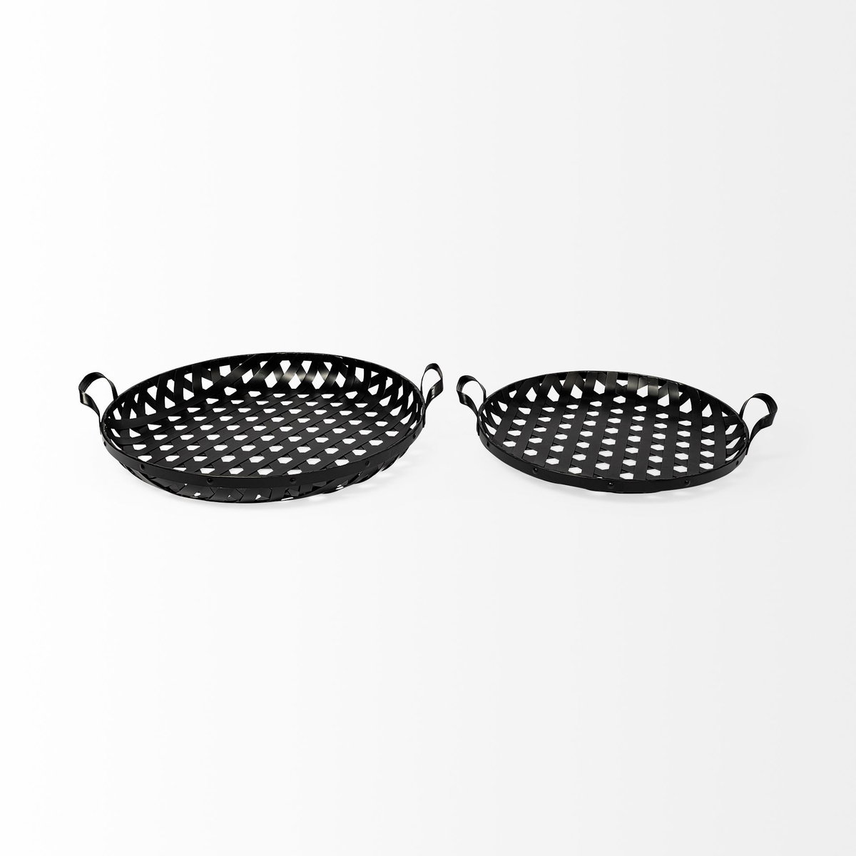 Lito (Set of 2) Black Woven Metal Round Serving Trays, Decorative Tray by Mercana, 26.77" length x 23.82" width x 5.51" height View 4