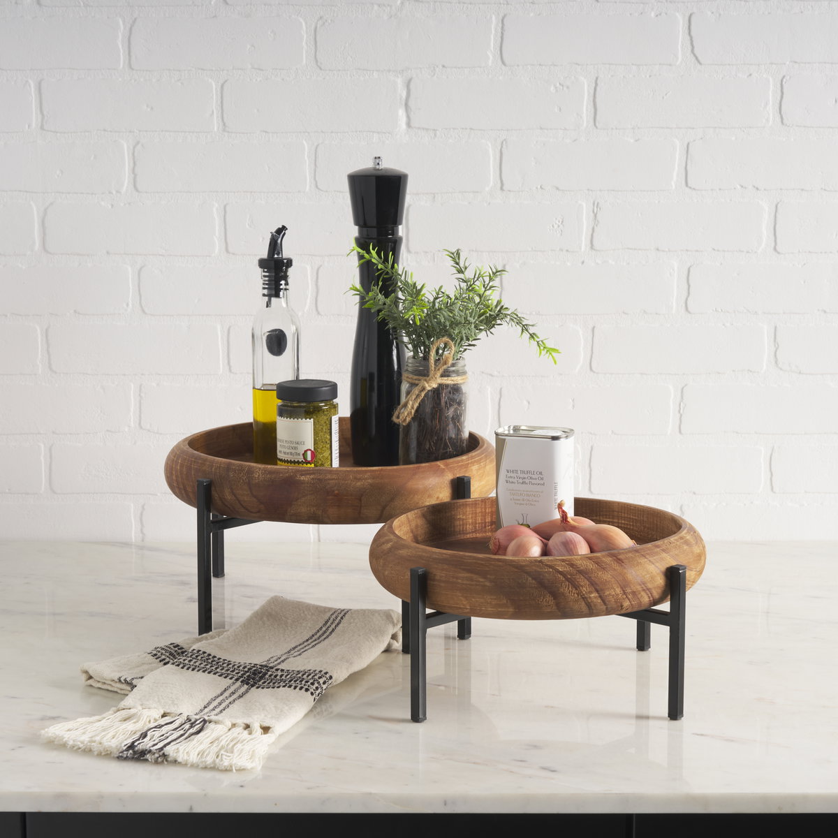 Wally Round Medium Brown Wood with Matte Black Metal Stand Trays, Decorative Tray by Mercana, 14.25" length x 14.25" width x 6.75" height View 2