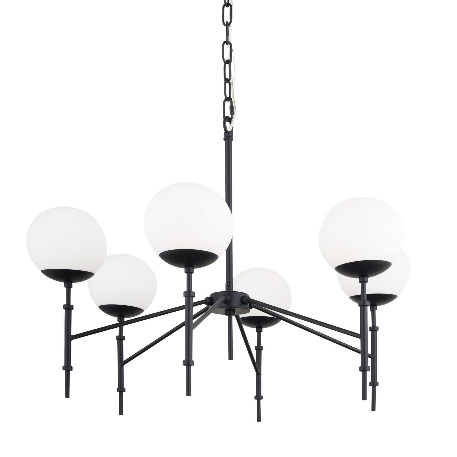 Edie Matte Black Metal with Frosted Glass Globes 6-Light Chandelier, by Mercana, 29.92" length x 29.92" width x 24.02" height View 1