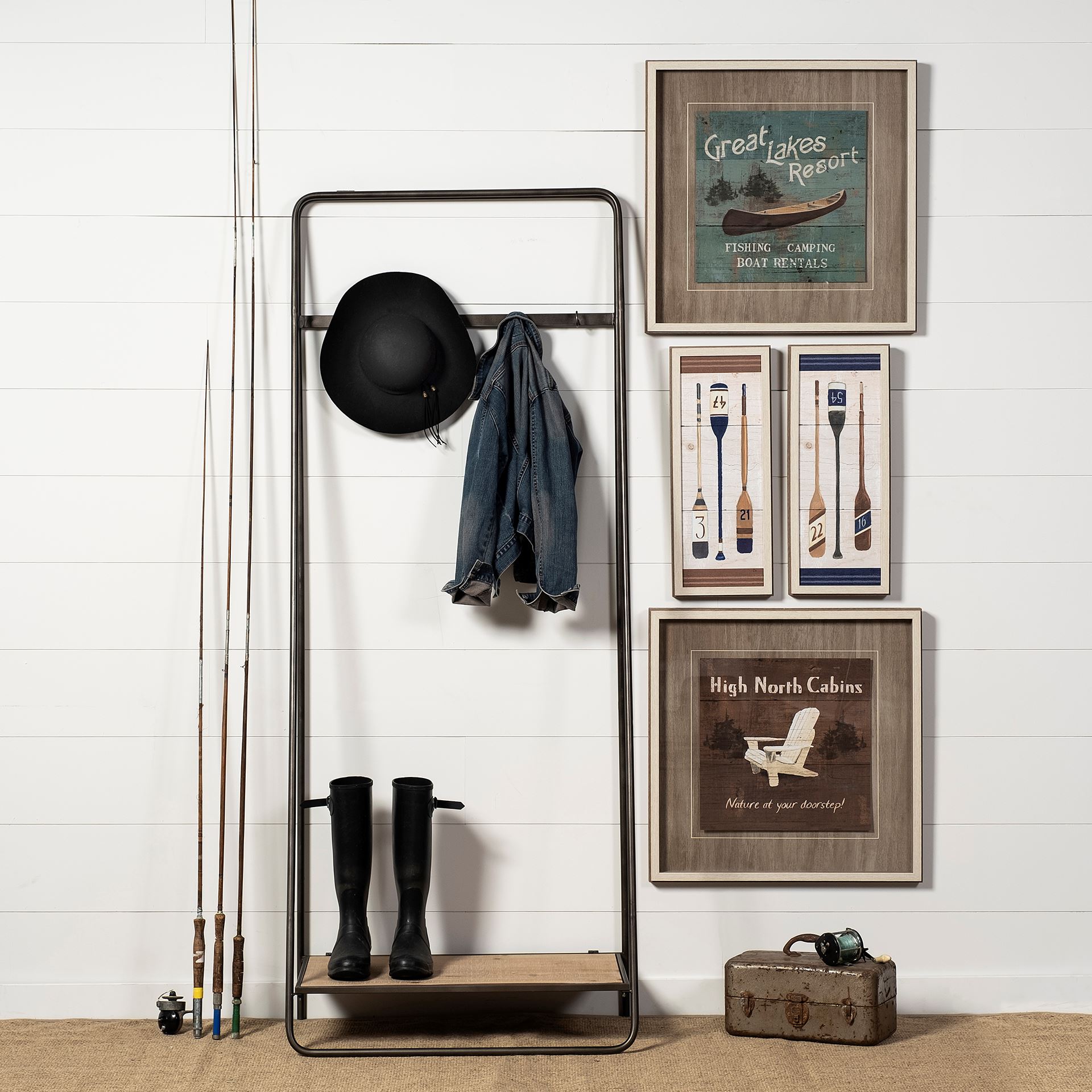 Carell 31L x 18W Black Metal And Wood Shelf Hall Tree, Entry & Hallway by Mercana, 31.1" length x 18.11" width x 77.17" height View 2