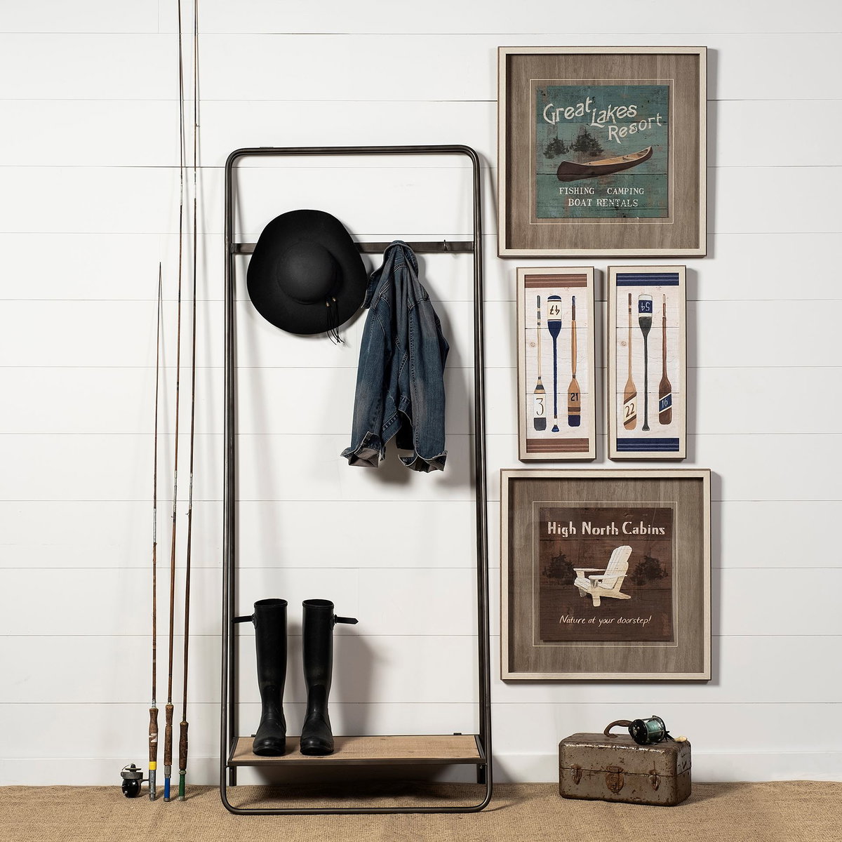 Carell 31L x 18W Black Metal And Wood Shelf Hall Tree, Entry & Hallway by Mercana, 31.1" length x 18.11" width x 77.17" height View 2