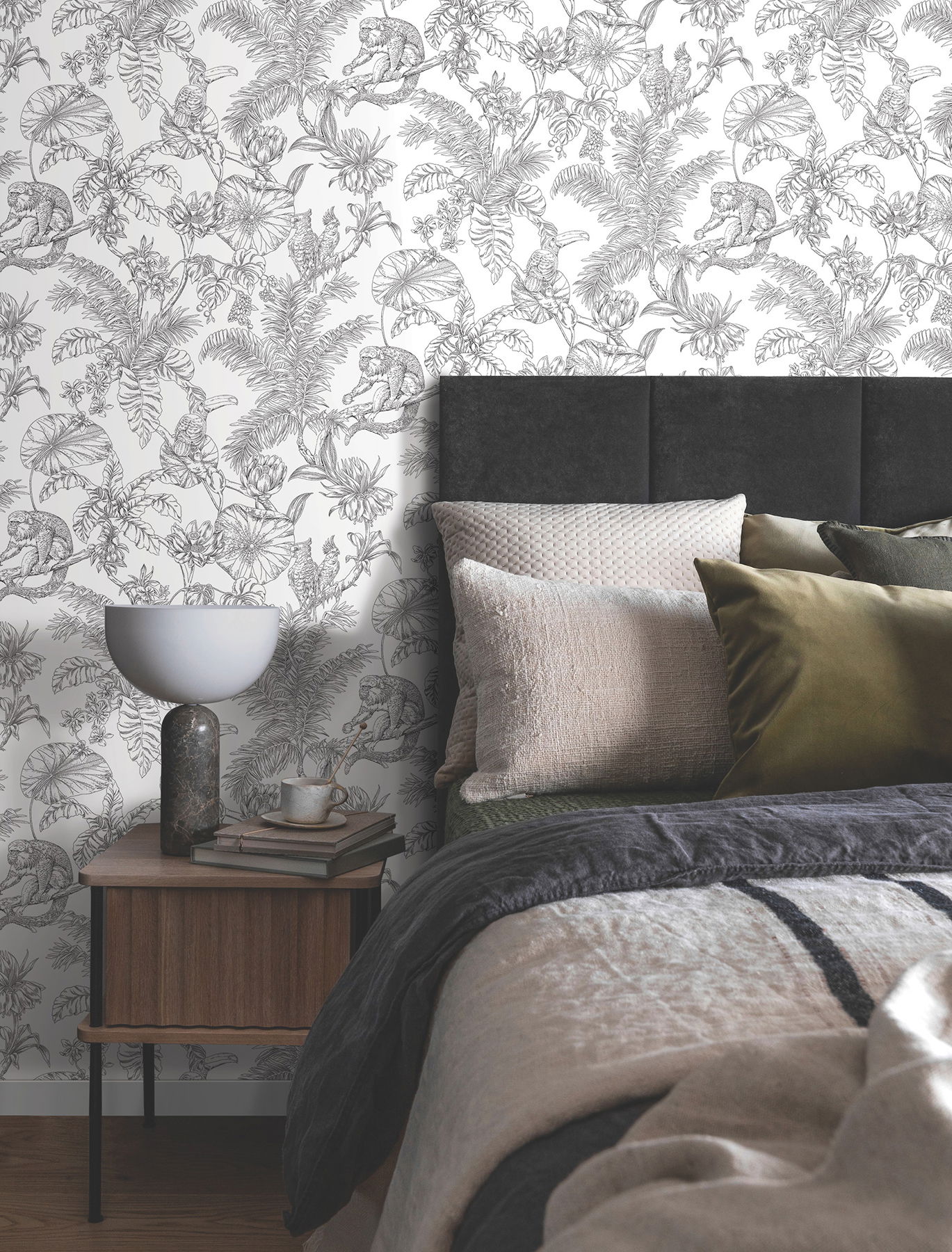 Tropical Sketch Toile Black Wallpaper large image 