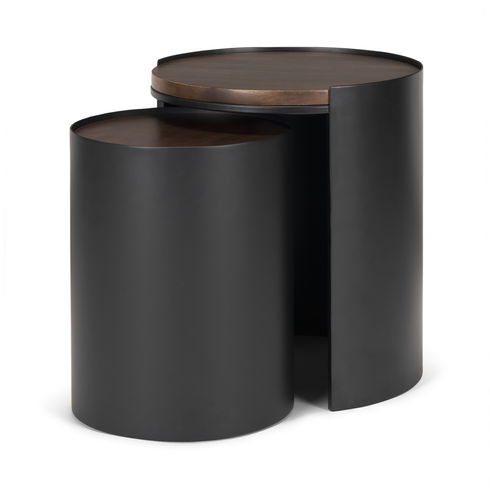Varden Matte Black Metal with Dark Brown Wood Top Nesting Accent Tables