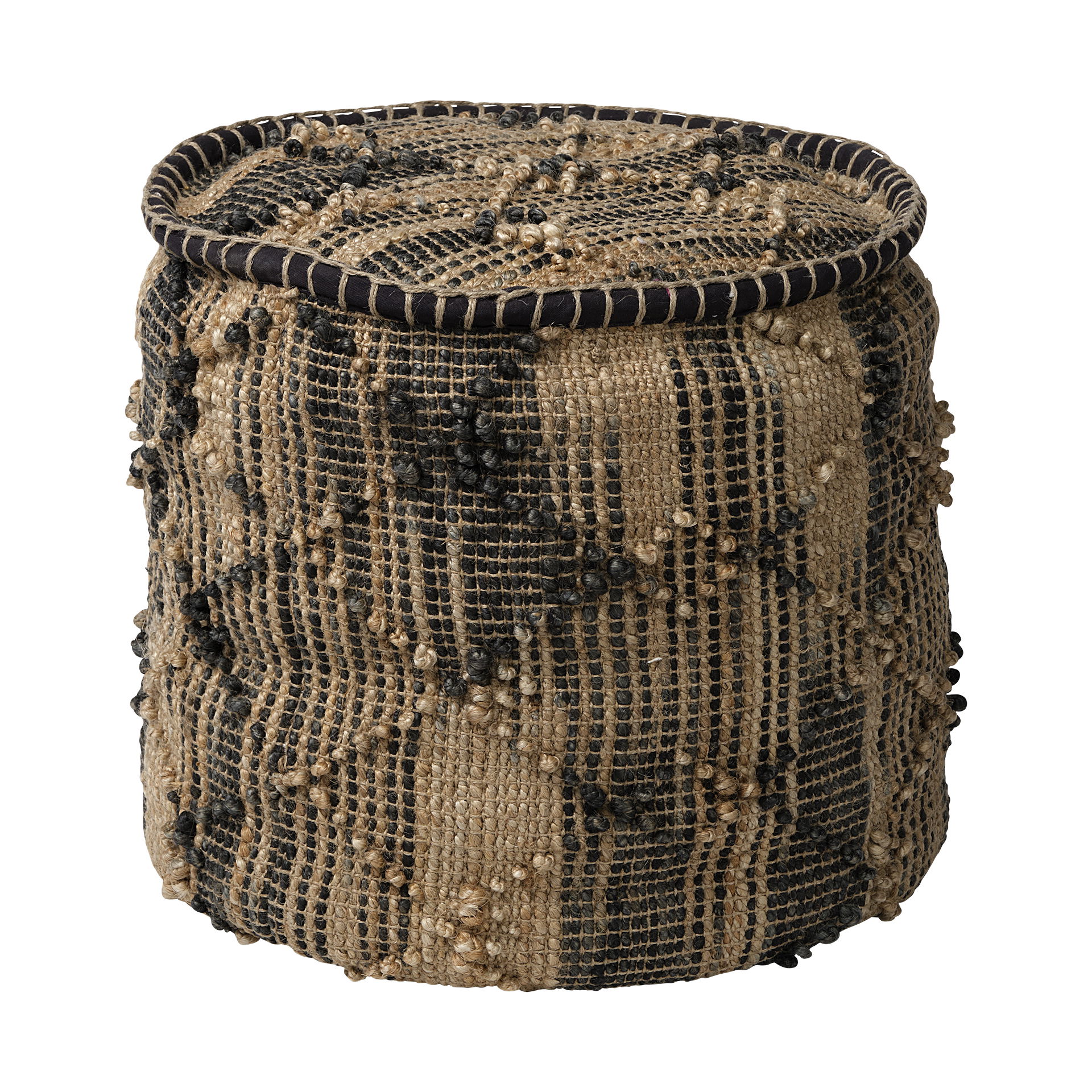 Riley Tan Jute Popcorn Stich Cylindrical Pouf, Ottoman by Mercana, 20" length x 20" width x 18" height View 1