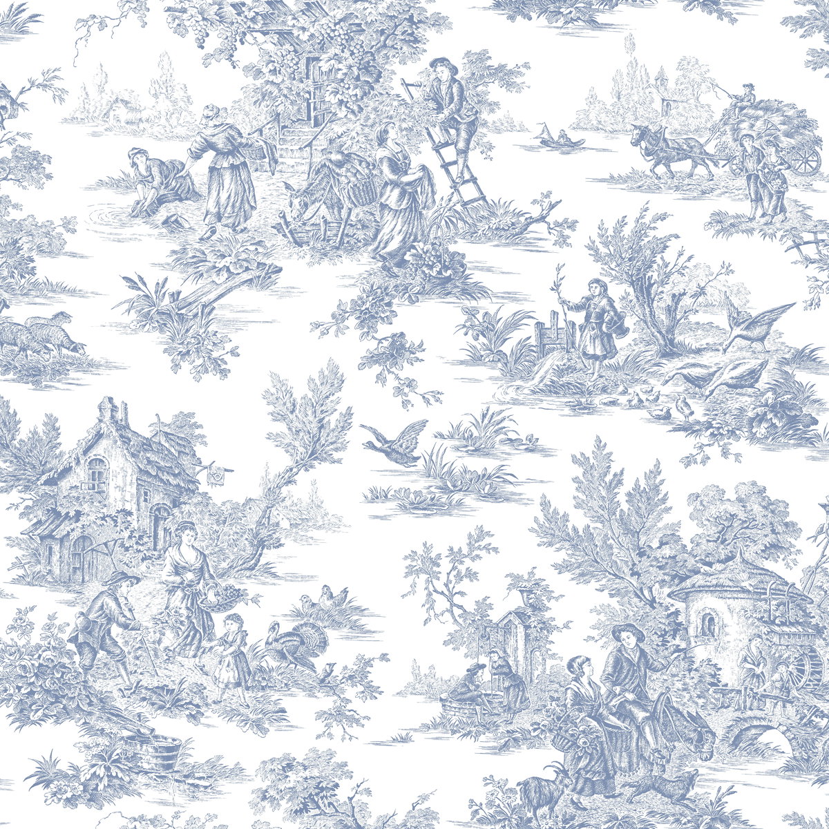 Campagne Toile Blue & White Wallpaper, by York Wall, 33' length x 1'8.5" width x 0.02" depth View 1