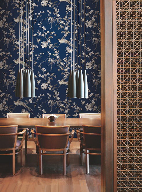 Bird & Blossom Chinoserie Blue Wallpaper