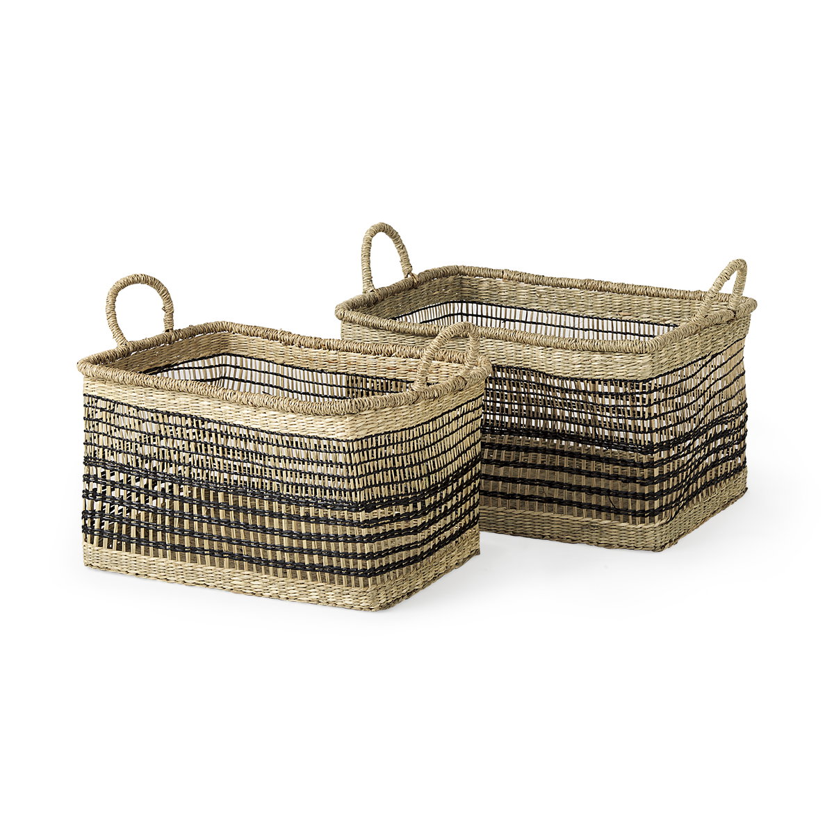 Nia (Set of 2) Light Brown Seagrass Rectangular Basket with Handles, Bins & Basket by Mercana, 18.5" length x 13.39" width x 14.57" height View 1