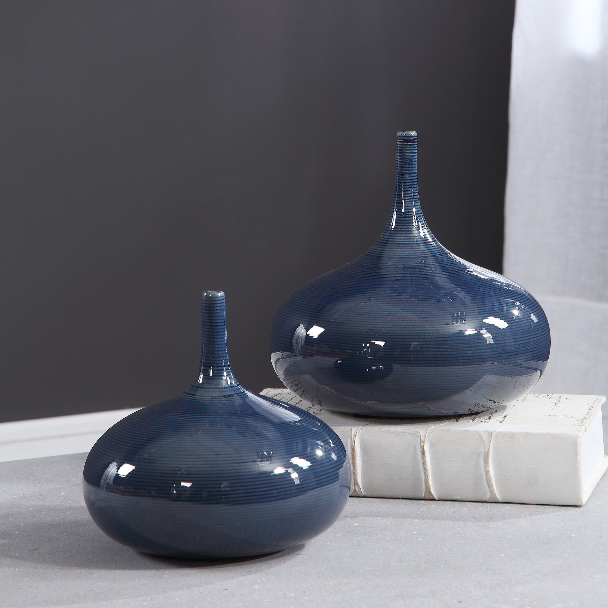 Zayan Blue Vases Set/2, Decorative by Uttermost, 9" width x 7.87" height x 9" depth View 4