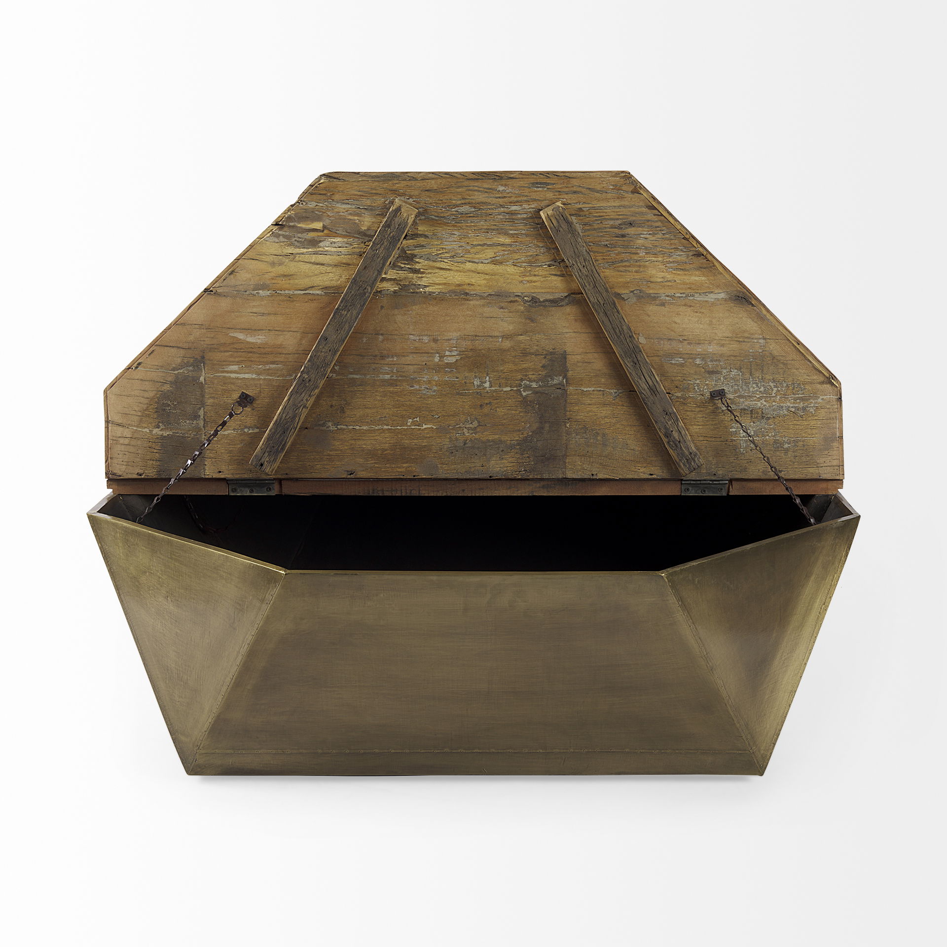 Esagono Octagonal Gold Metal-Clad Reclaimed Wood Coffee Table with Storage, by Mercana, 48" length x 48" width x 15" height View 7