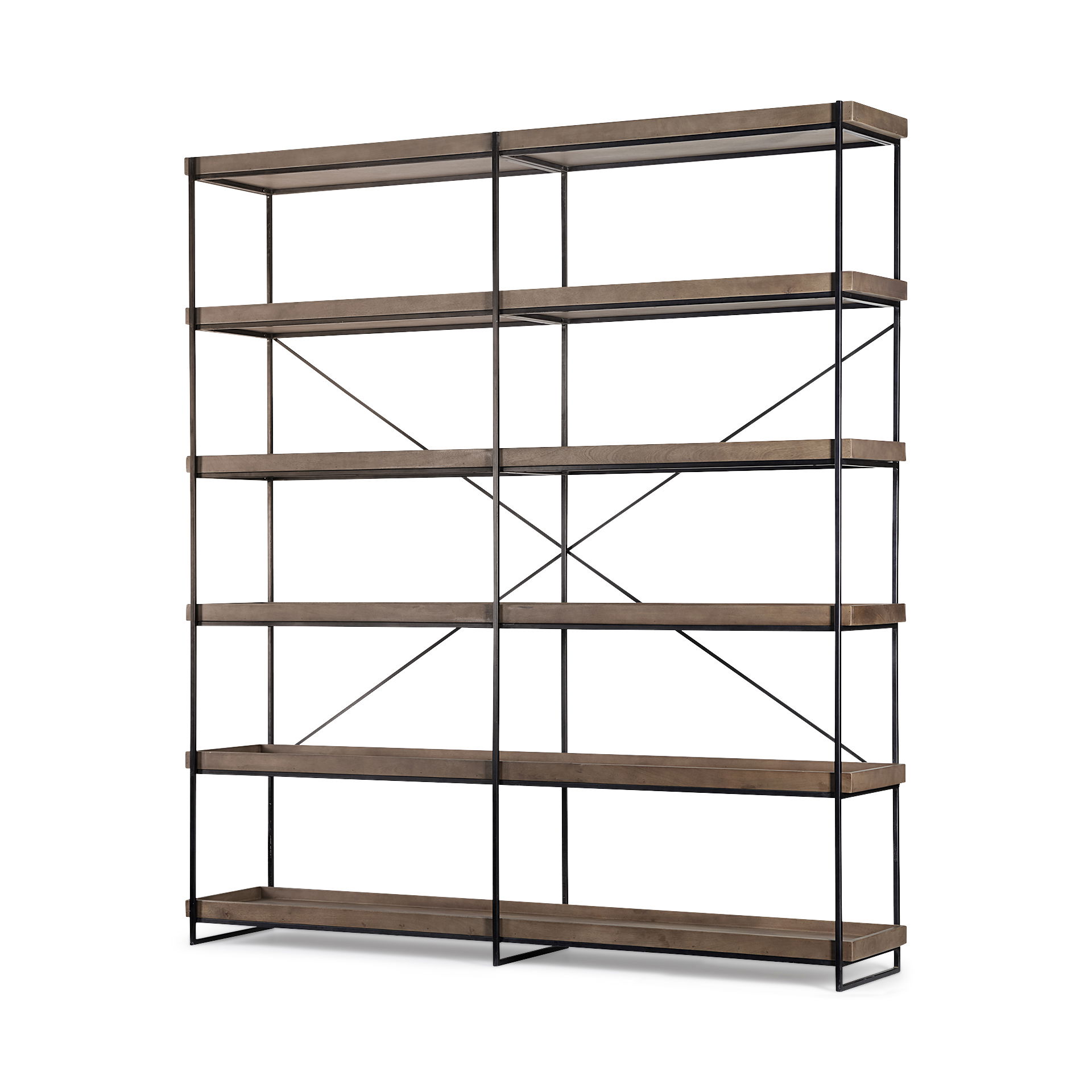 Trey IV 80L x 16W x 87.5H  Medium Brown Wood and Iron Five Tray Shelf Shelving Unit, Shelving & Bookcase by Mercana, 80" length x 16" width x 87.5" height View 1