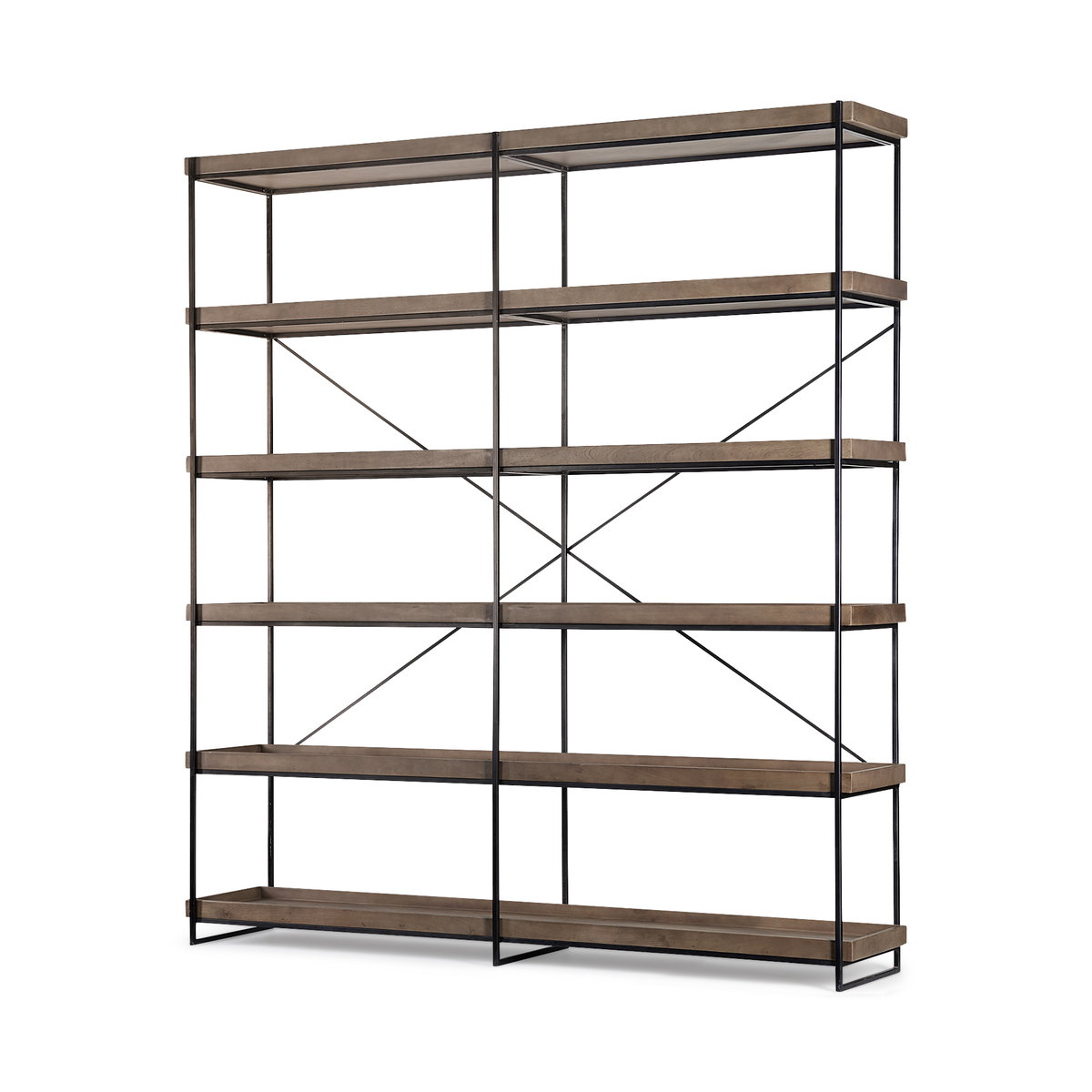 Trey IV 80L x 16W x 87.5H  Medium Brown Wood and Iron Five Tray Shelf Shelving Unit, Shelving & Bookcase by Mercana, 80" length x 16" width x 87.5" height View 1