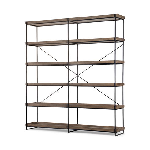 Trey IV 80L x 16W x 87.5H  Medium Brown Wood and Iron Five Tray Shelf Shelving Unit