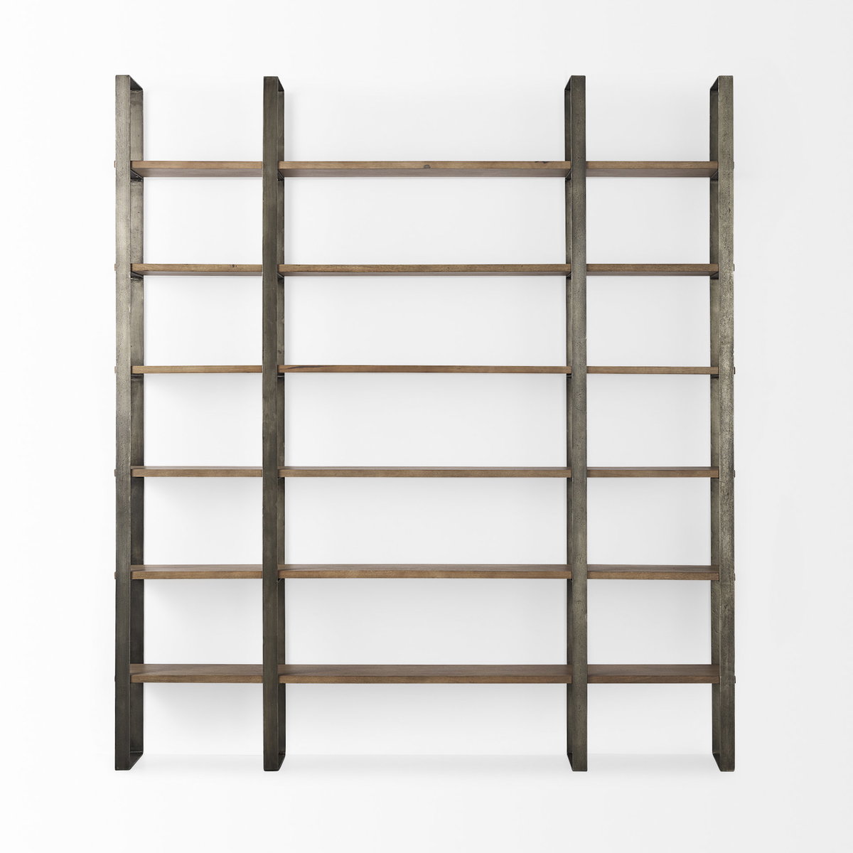 Taunton 80L x 10.5W x 90H Medium Brown Wood with Antique Nickel Metal Frame 6 Tier Shelving Unit, Shelving & Bookcase by Mercana, 80" length x 10.5" width x 90" height View 5