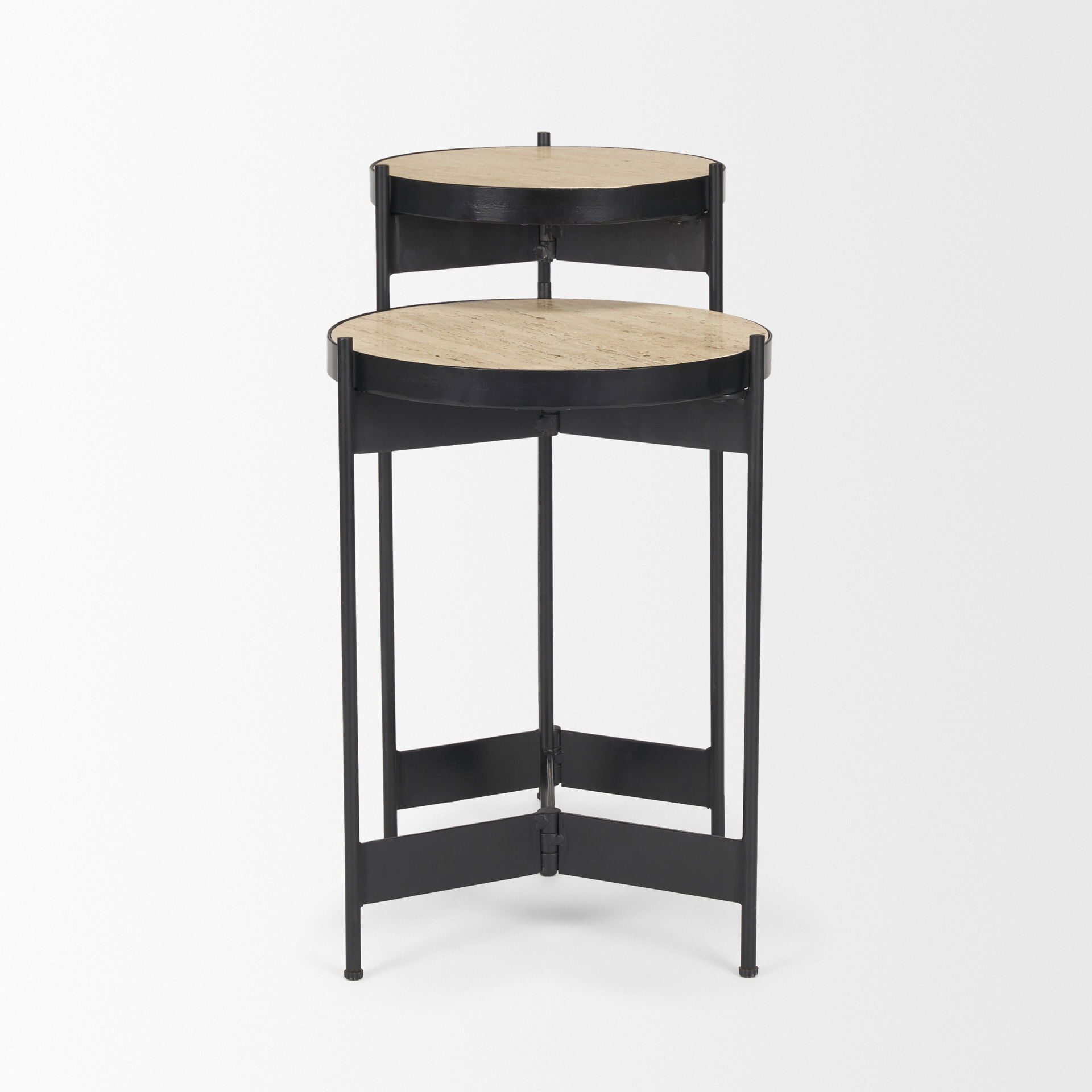 Wade Travertine Marble with Matte Black Metal End Tables, Side & End Table by Mercana, 26" length x 14" width x 24" height View 5