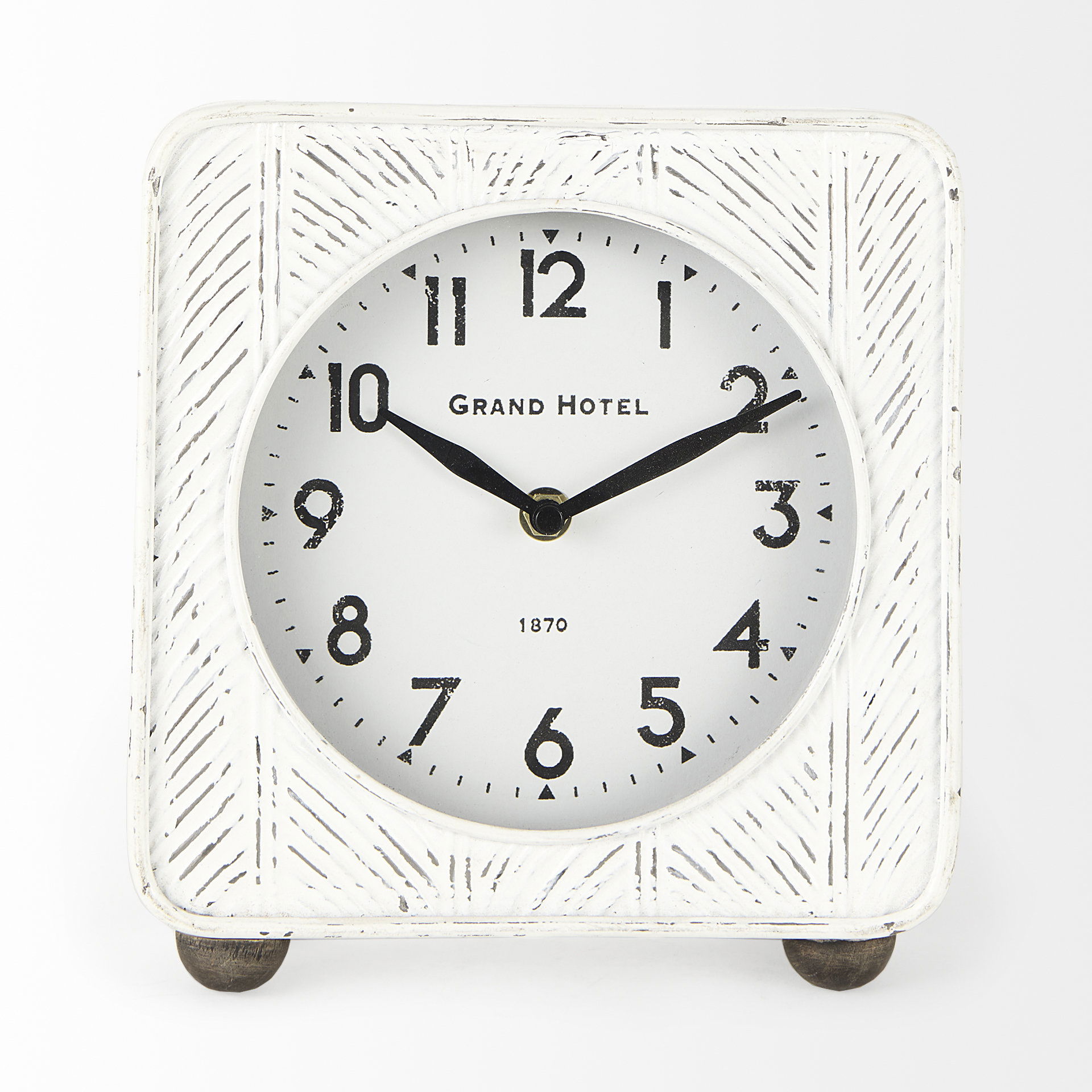 Karl  Rustic White Iron Rounded Square Table Clock, by Mercana, 8" length x 2.75" width x 8.75" height View 4